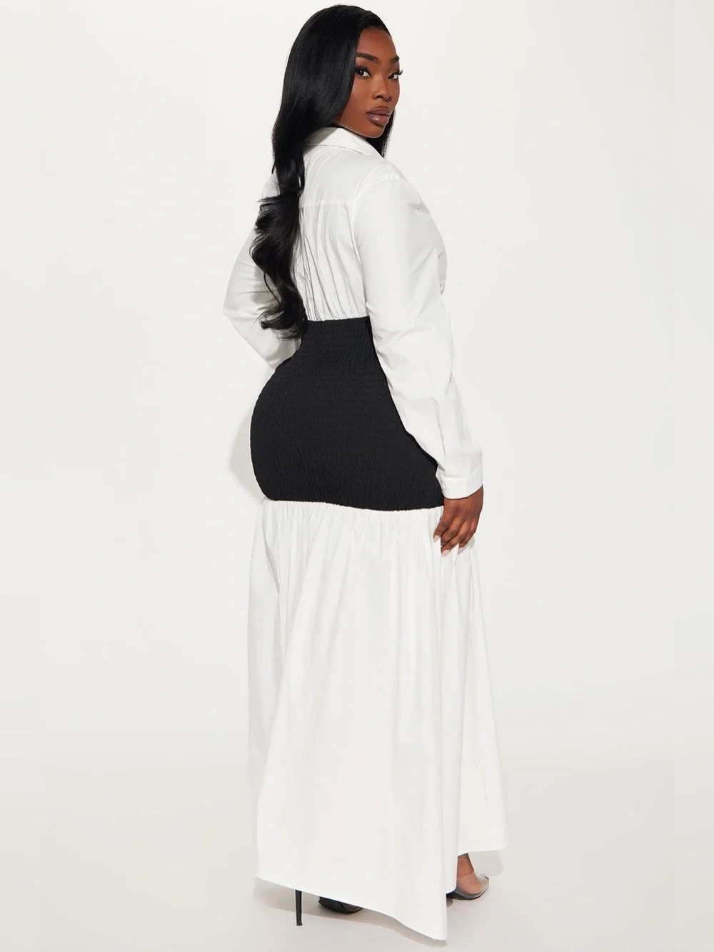 Fashion Nova Olivia Smocked Maxi Shirt Dress - White/Black - Picture 3 of 5